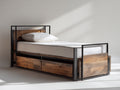 Cama individual de metal y madera 200x100x110 cm negro y nogal - diseño industrial con 2 cajones de almacenamiento