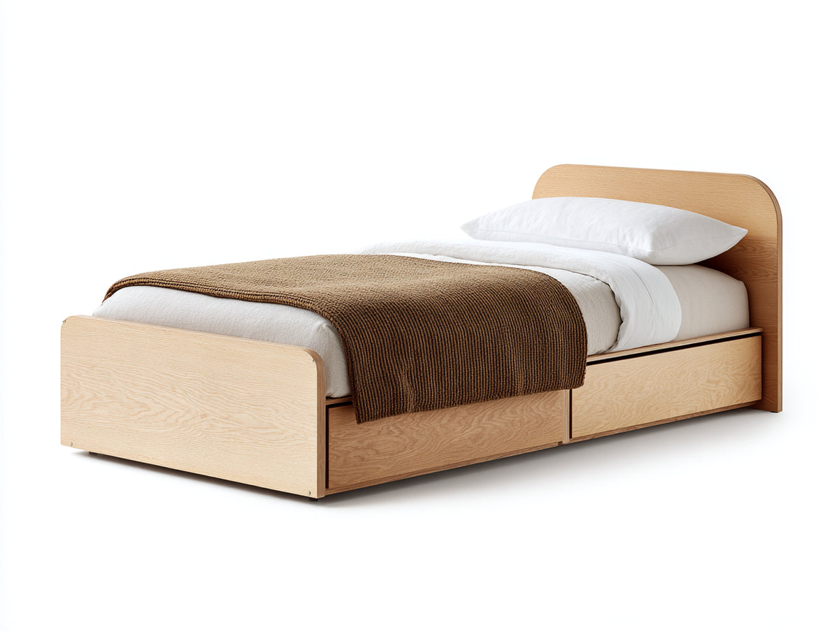 Cama individual de madera 200 x 90 x 95 cm - madera natural - 2 cajones inferiores con diseño moderno para dormitorio