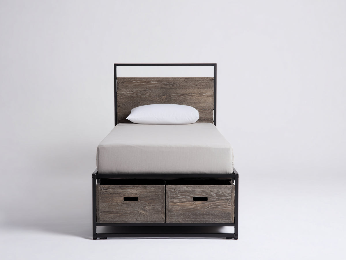Cama individual de madera y metal 200x100x110 cm - marrón y negro - diseño industrial con almacenamiento