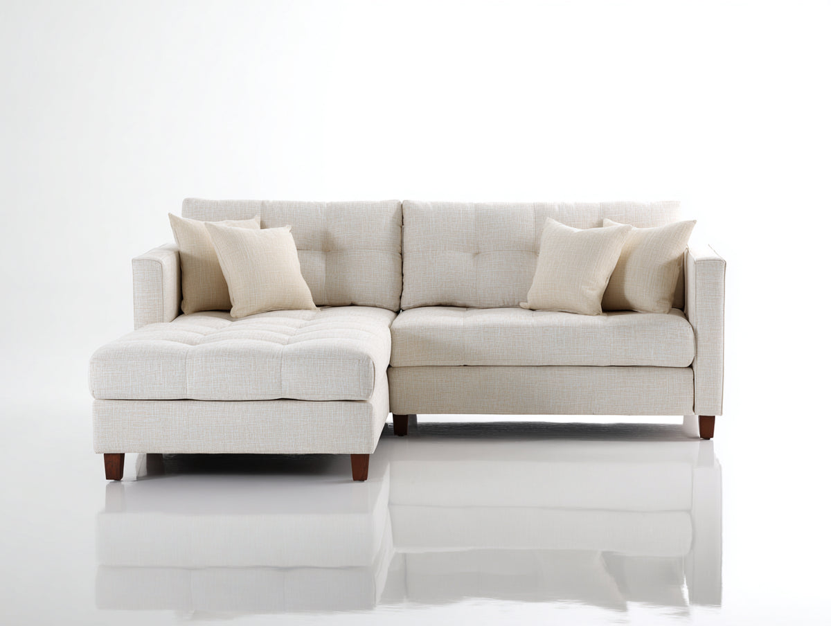Sofá de esquina tapizado en tejido 230x160x88 cm crema - diseño moderno con chaise longue y patas de madera