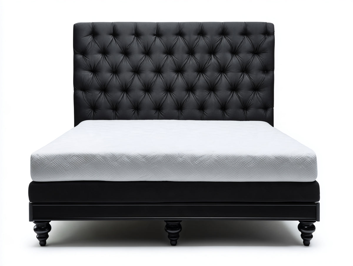 Cama doble tapizada 210x170x130 cm negro - cabecero capitoné y patas torneadas de estilo clásico