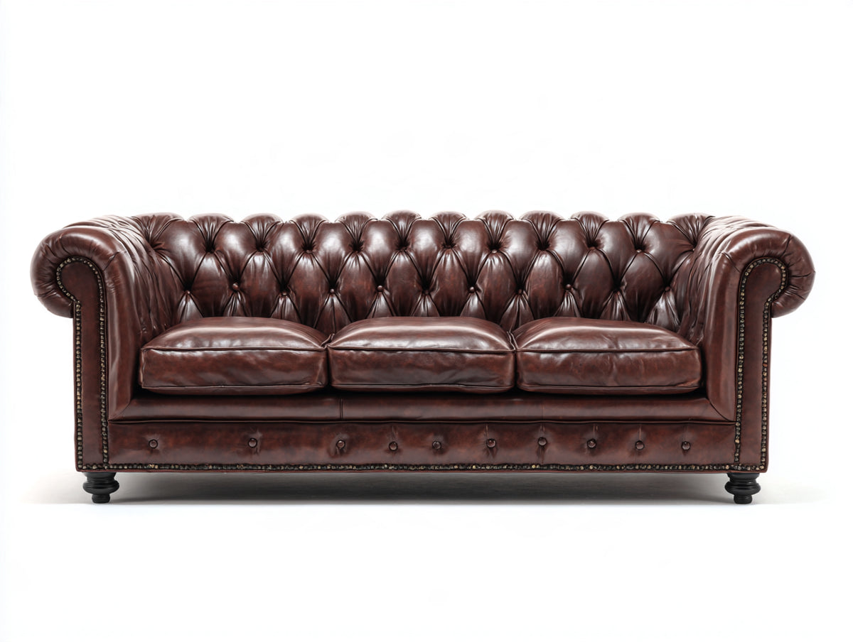 Sofá 3 plazas tapizado en cuero marrón 220x90x76 cm - capitoné con brazos enrollados - estilo clásico
