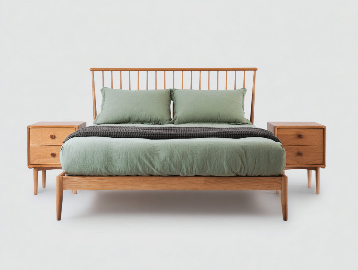 Cama doble de madera 200 x 160 x 115 cm - madera natural - cabecero de listones con estructura elevada de estilo moderno