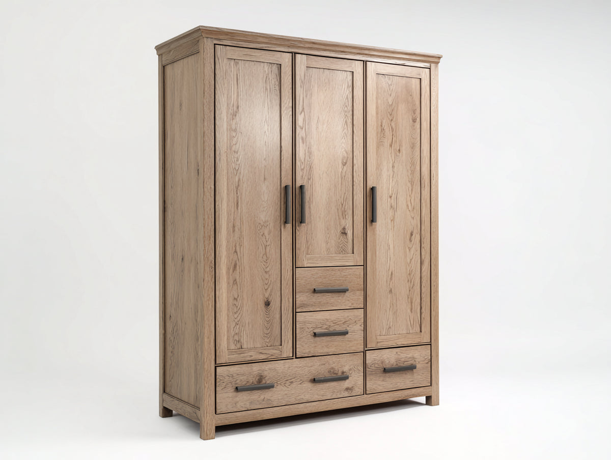 Armario de tres puertas de madera 150 x 58 x 200 cm - madera natural y negro - 3 puertas y 4 cajones con diseño clásico para dormitorio