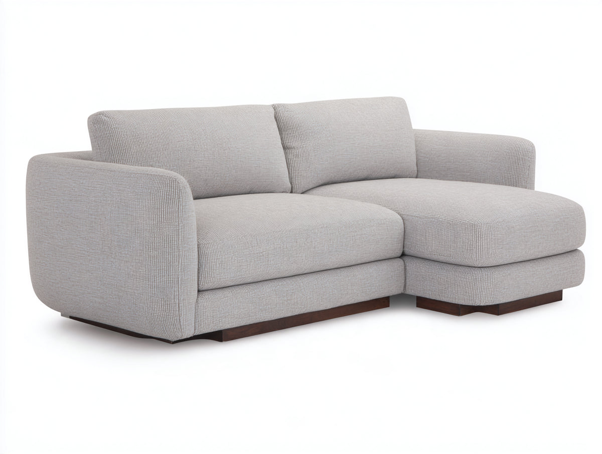 Sofá de esquina tapizado en tejido 235x165x85 cm gris claro - diseño moderno con chaise longue y base de madera oscura