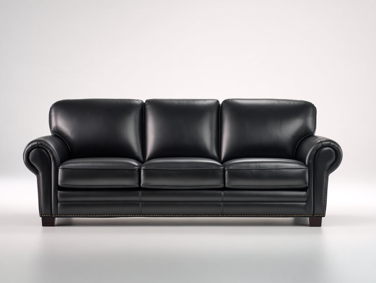 Sofá 3 plazas tapizado en cuero 218 x 94 x 90 cm - negro - asiento acolchado con brazos curvos y detalles decorativos de estilo clásico