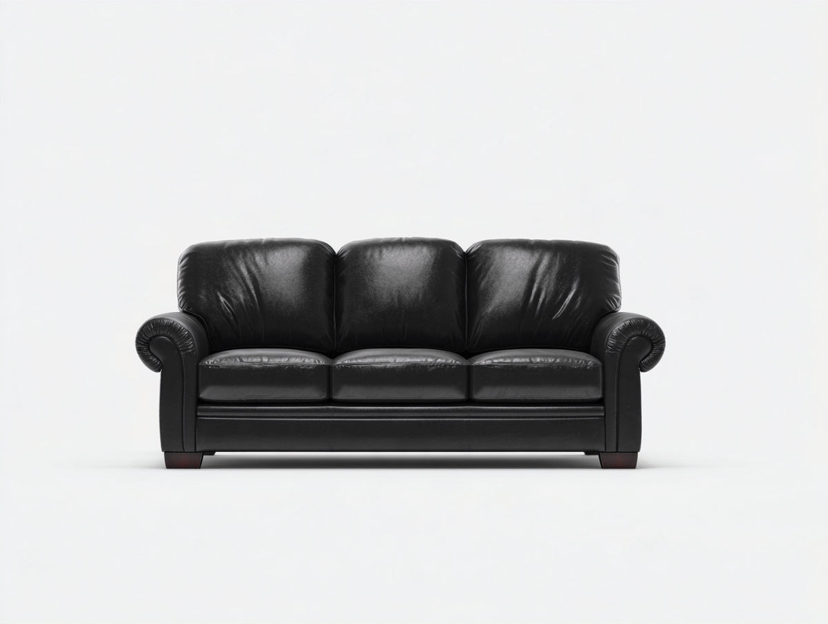 Sofá 3 plazas tapizado en cuero sintético negro 205x88x86 cm - brazos enrollados - diseño clásico