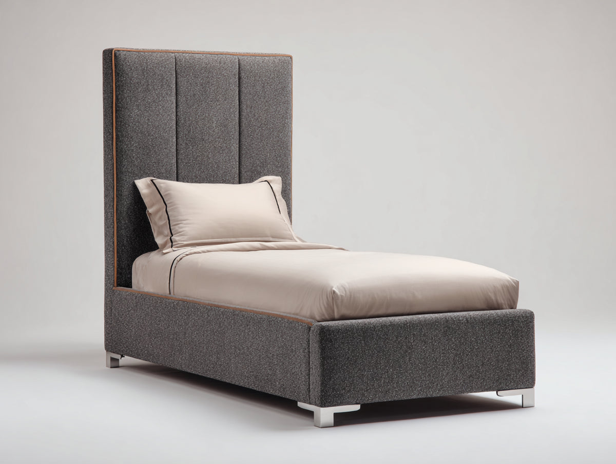 Cama individual tapizada en tejido gris 210x100x115 cm - cabecero alto acolchado - diseño moderno