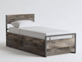 Cama individual de metal y madera 200x100x110 cm negro y roble envejecido - diseño industrial con 2 cajones de almacenamiento