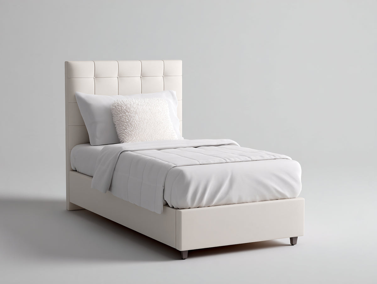 Cama individual tapizada 200x100x120 cm crema - cabecero acolchado con diseño geométrico moderno
