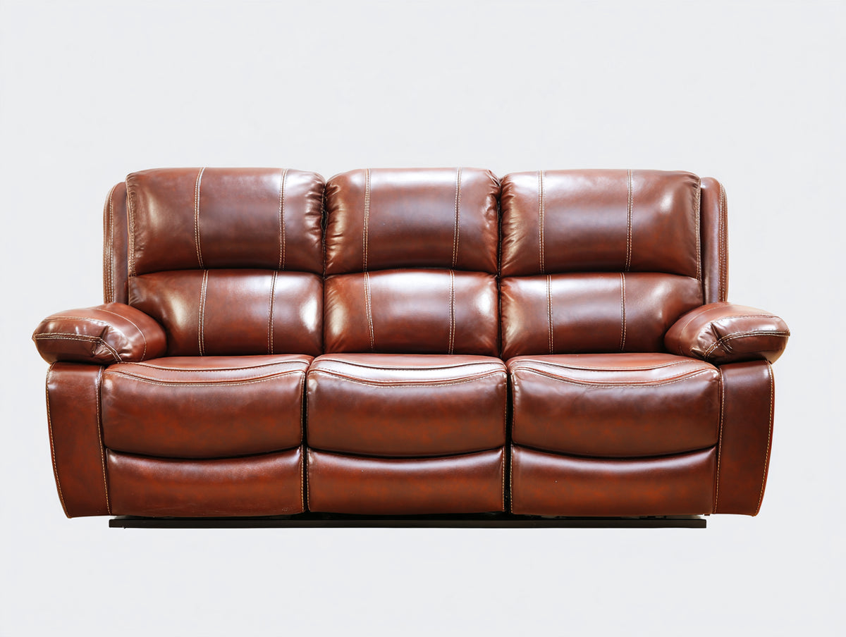 Sofá 3 plazas tapizado efecto cuero 215x95x100 cm - marrón coñac - diseño reclinable con respaldo acolchado