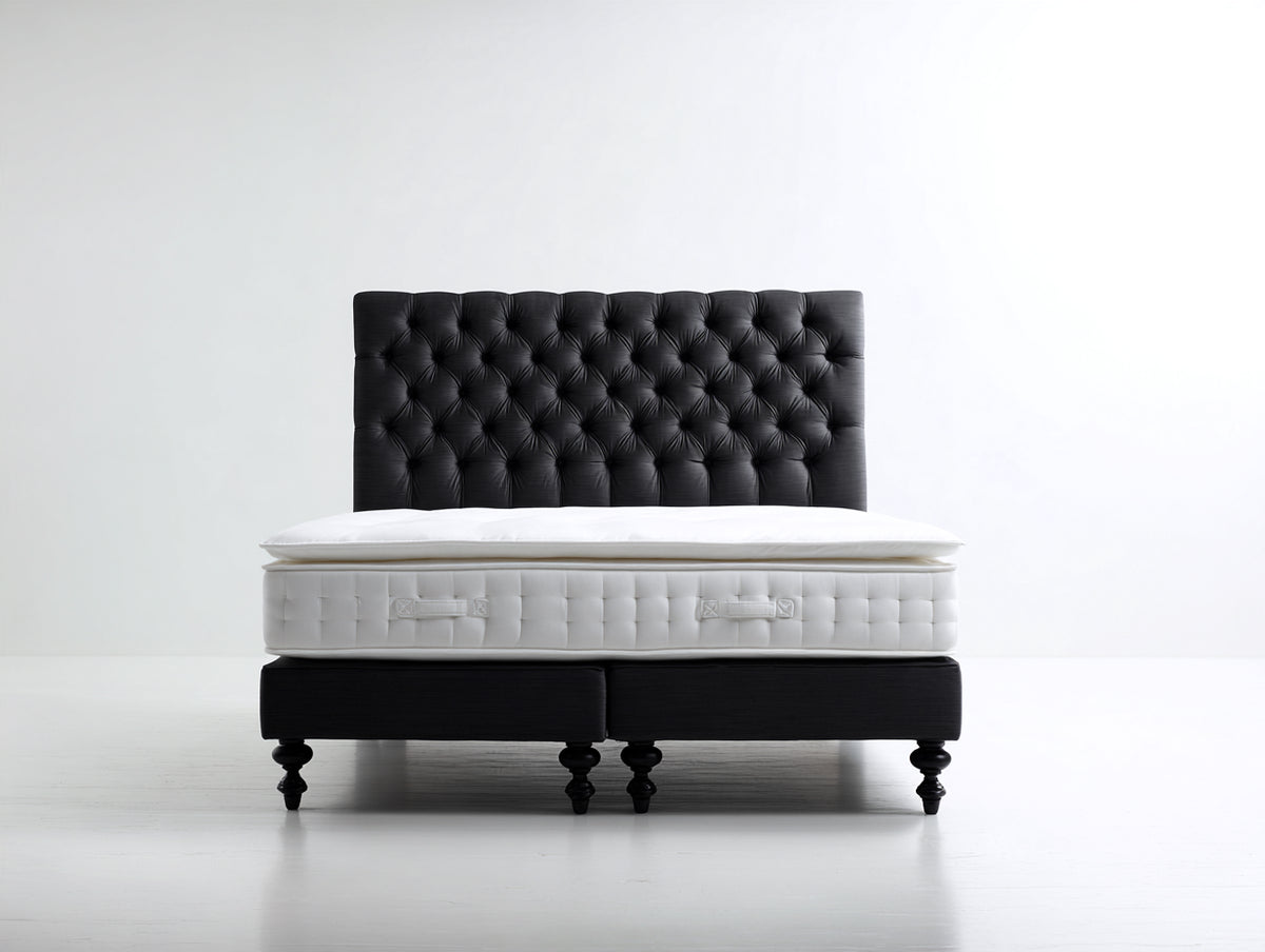 Cama doble tapizada 200 x 160 x 125 cm - negro y blanco - cabecero capitoné con estructura elevada de estilo clásico
