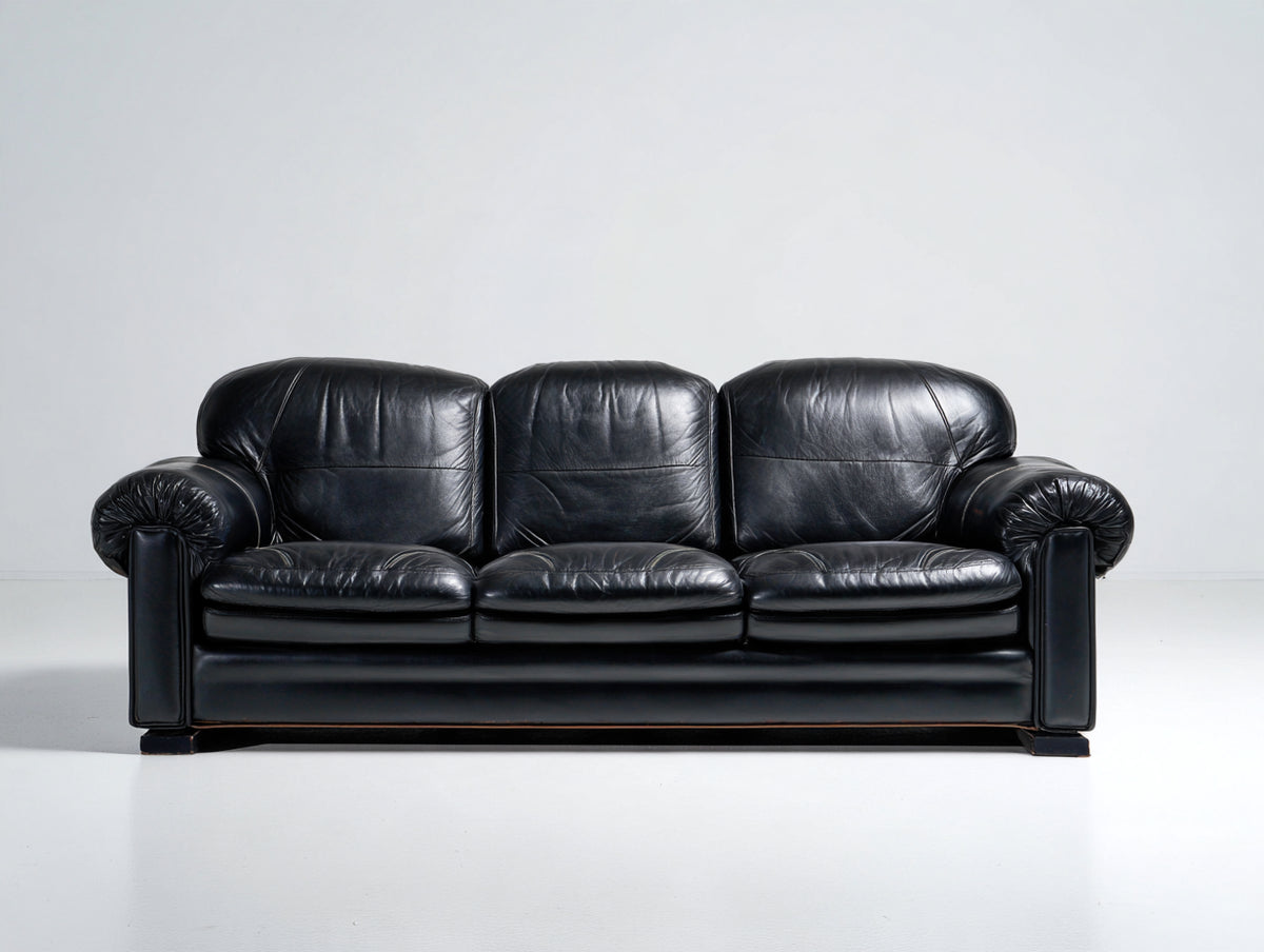 Sofá 3 plazas tapizado en cuero 215 x 92 x 88 cm - negro - asiento acolchado con brazos redondeados de estilo clásico