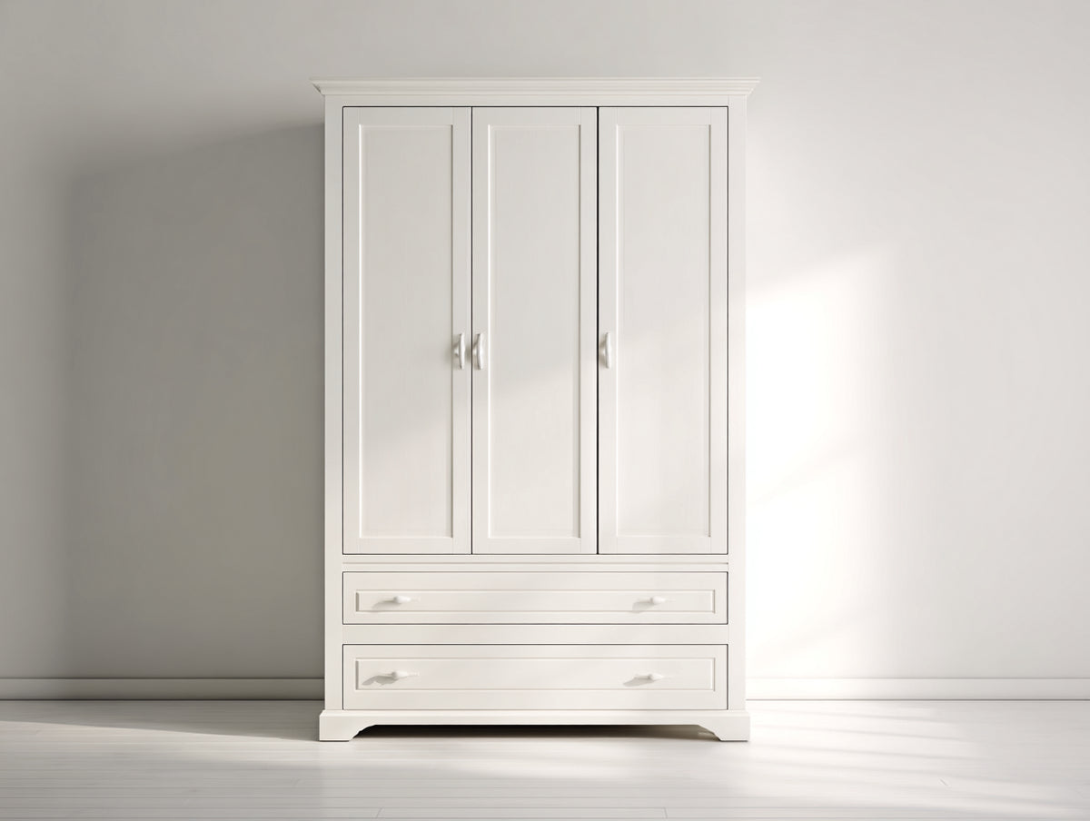 Armario de tres puertas de madera blanco 150x58x205 cm - 2 cajones - estilo clásico