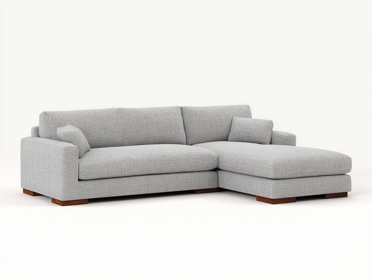 Sofá de esquina tapizado 255 x 165 x 85 cm - gris claro y madera natural - chaise longue integrada con diseño moderno para salón