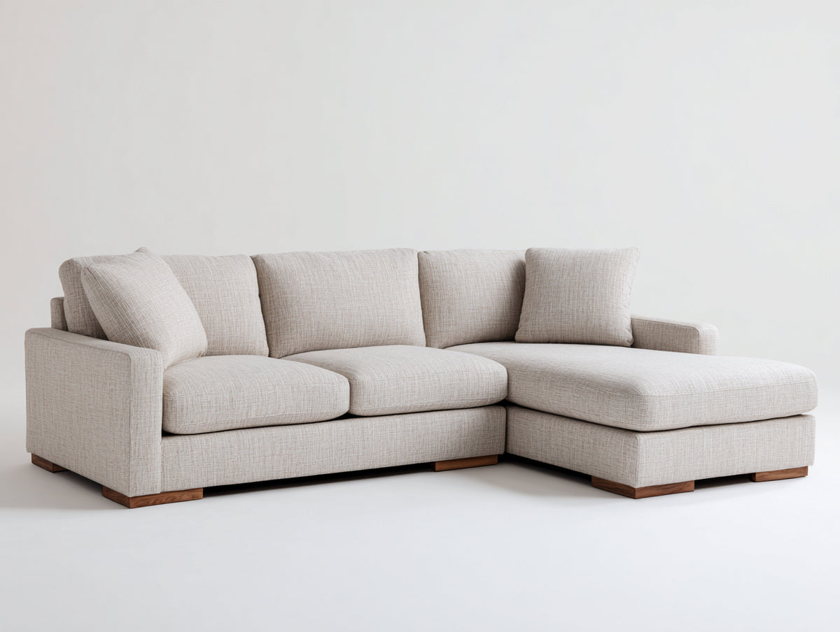Sofá de esquina tapizado en tejido beige 260x260x78 cm - patas de madera natural - diseño moderno