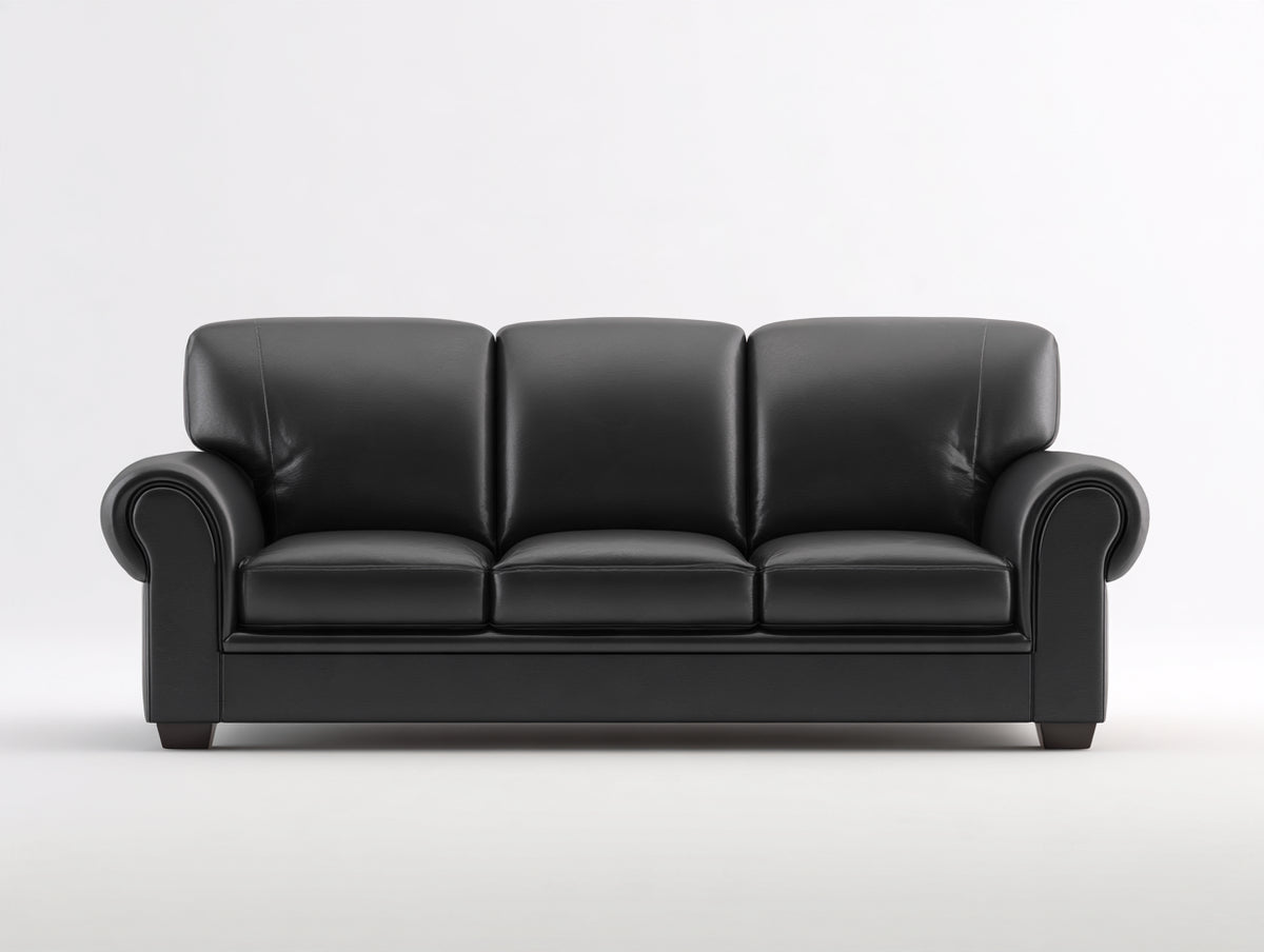 Sofá 3 plazas tapizado en cuero sintético negro 210x88x85 cm - brazos redondeados - diseño clásico moderno
