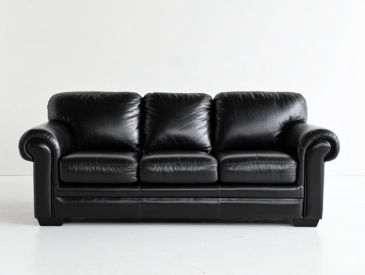 Sofá 3 plazas tapizado en cuero sintético 215x92x90 cm negro - respaldo acolchado y brazos enrollados de diseño clásico