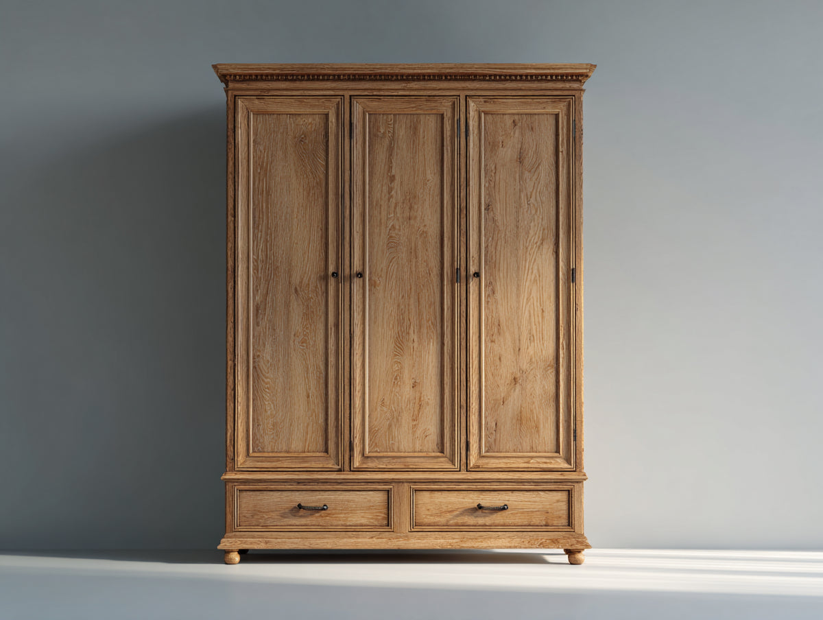 Armario de tres puertas de madera 160x60x210 cm - marrón natural - estilo clásico con dos cajones