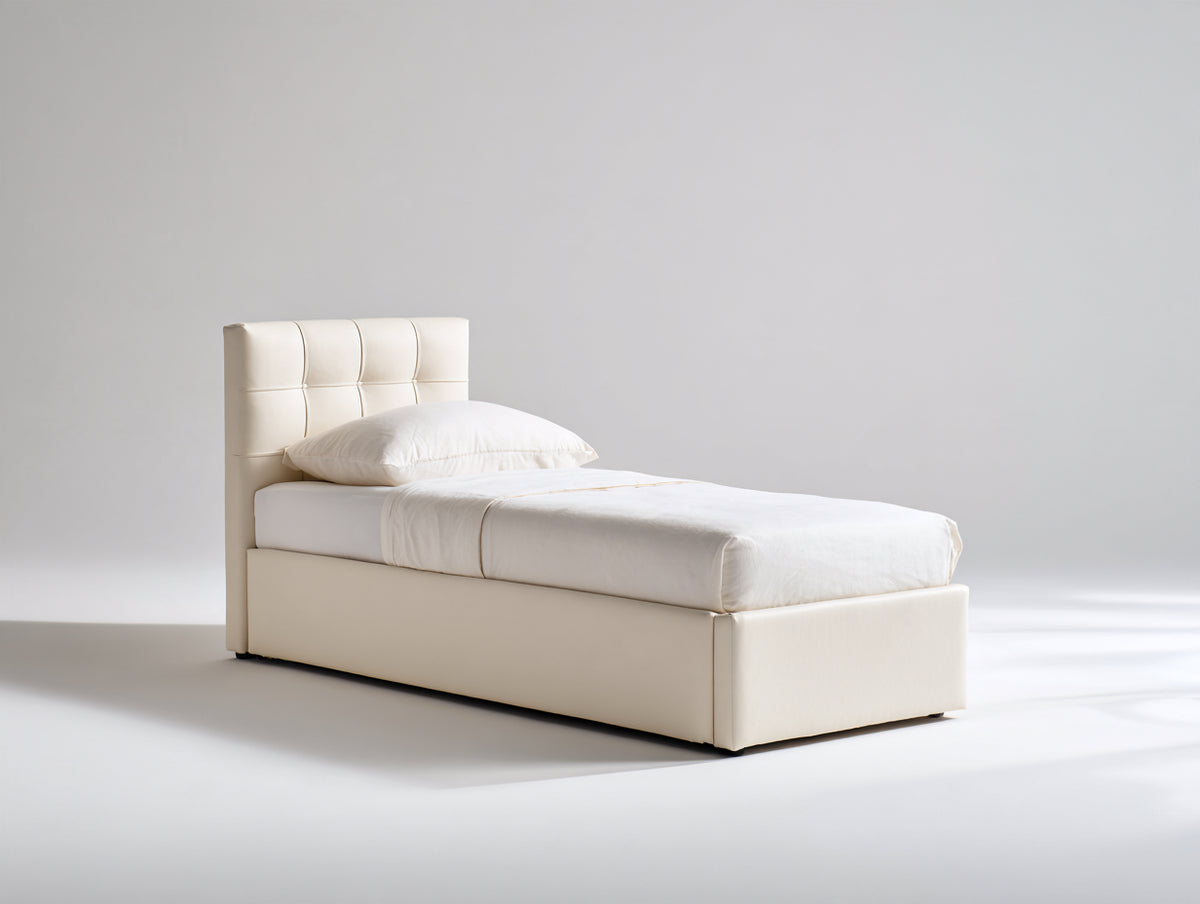 Cama individual tapizada en cuero sintético crema 210x100x115 cm - cabecero acolchado con costuras - diseño moderno
