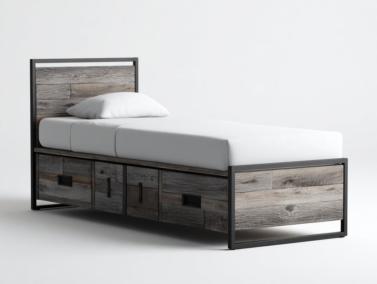 Cama individual de madera efecto envejecido y metal negro 210x100x115 cm - 2 cajones y 2 puertas de almacenamiento - estilo industrial