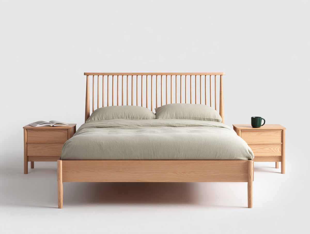 Cama doble de madera 210x170x115 cm roble natural - cabecero de barrotes y diseño nórdico