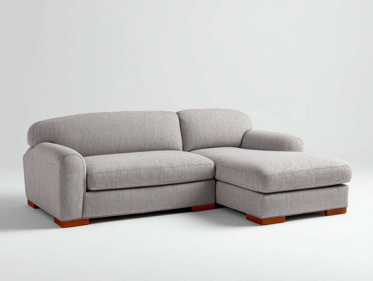 Sofá de esquina tapizado de tela 235x160x85 cm - gris claro y marrón - diseño moderno con chaise longue