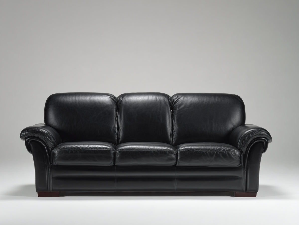 Sofá 3 plazas tapizado en cuero 220 x 95 x 90 cm - negro - asiento acolchado con brazos curvos de estilo clásico