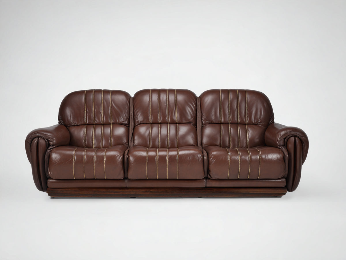 Sofá 3 plazas tapizado en cuero sintético marrón 212x90x88 cm - base de madera oscura - diseño clásico