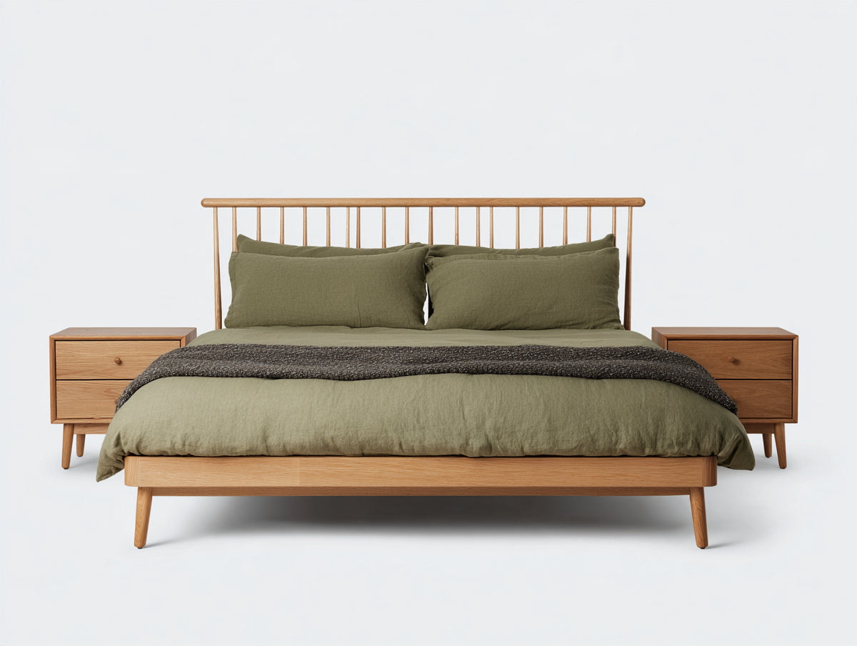 Cama doble de madera 210x170x110 cm roble natural - cabecero de barrotes y diseño nórdico
