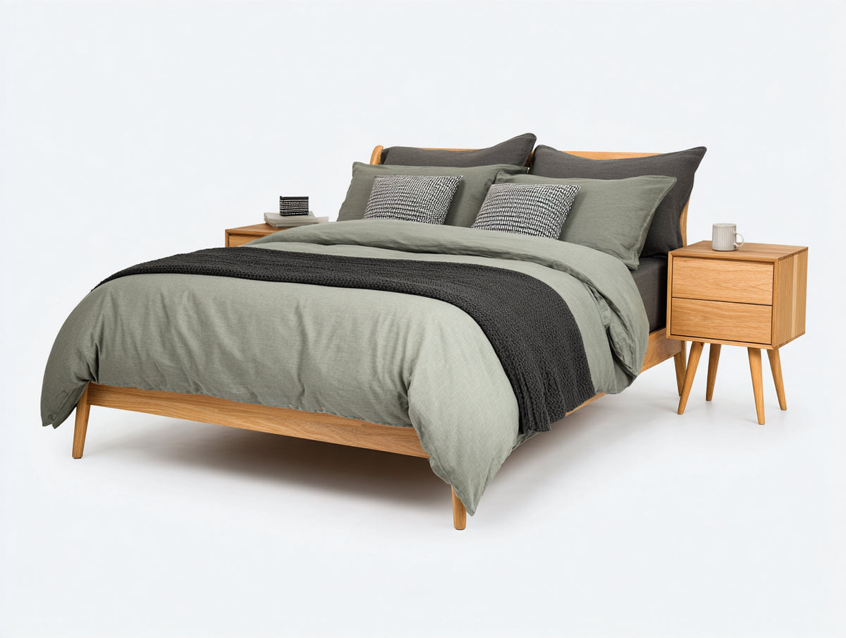 Cama doble de madera 200 x 160 x 110 cm - madera natural - estructura elevada con cabecero curvo de estilo moderno