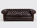Sofá 3 plazas tapizado en cuero 225 x 95 x 78 cm - marrón oscuro y dorado - capitoné Chesterfield con brazos enrollados de estilo clásico